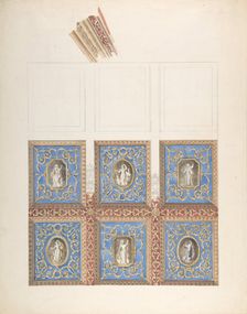 Carved and Painted Ceiling with Six Figural Medallions, for Cleish Castle, 19th century. Creator: John Gregory Crace