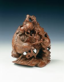 Carved bamboo phoenix with peach spray, China, 2nd half of the 17th century. Creator: Unknown