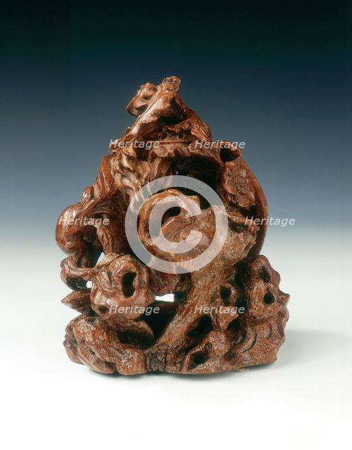 Carved bamboo phoenix with peach spray, China, 2nd half of the 17th century. Creator: Unknown.