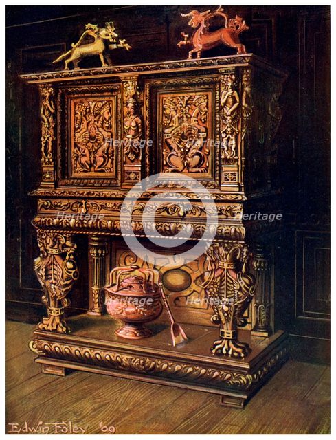 Carved Bourgouignon credence, 1910.Artist: Edwin Foley