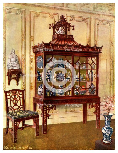 Carved china case in Chippendale's Chinese manner, 1911-1912.Artist: Edwin Foley