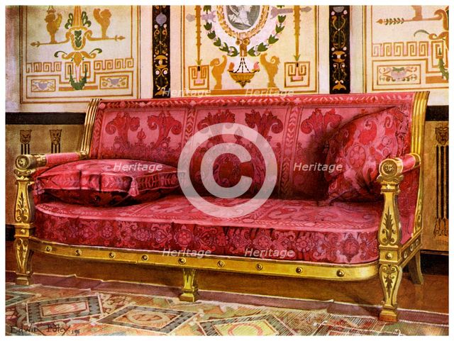 Carved gilt couch covered in rose Brocade de Lyon, 1911-1912.Artist: Edwin Foley