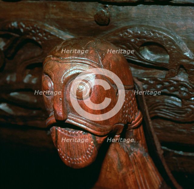 Carved head detail from a cart in the Oseburg Viking ship burial, 9th century. Artist: Unknown