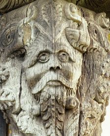 Carved head on the 17th century gatehouse corner post, Stokesay Castle, Shropshire, c2000s(?)