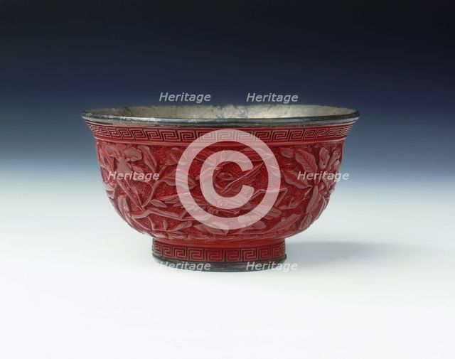 Carved lacquer bowl with birds among peonies, Late Ming dynasty, China, 1st half of 17th century. Artist: Unknown