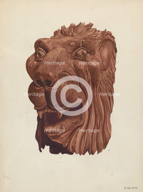 Carved Lion's Head, c. 1937. Creator: Vera Van Voris.