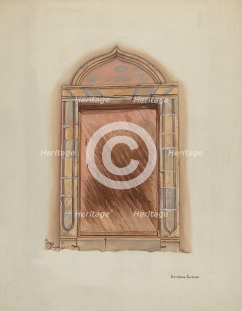 Carved Stone Doorway, Mission San Carlos Borromeo, 1938. Creator: Gordena Jackson.