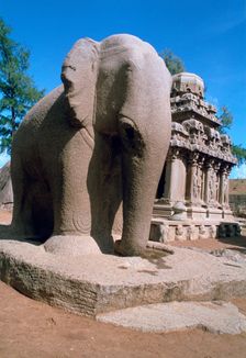 Carved stone elephant, Five Rathas, Mahabalipuram, Tamil Nadu, India