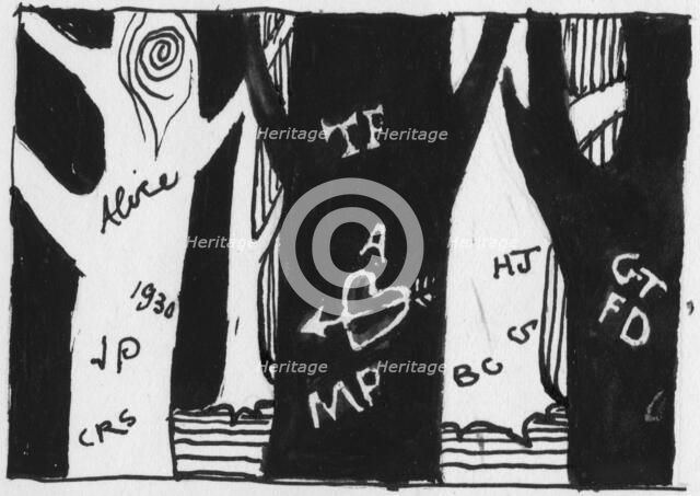 Carved trees, 1951. Creator: Shirley Markham.