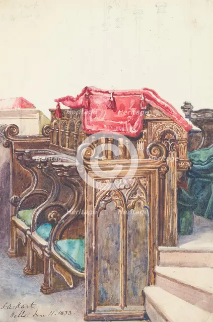 Carved wooden choir stalls at Wells, June 11, 1833. Creator: Solomon Alexander Hart.