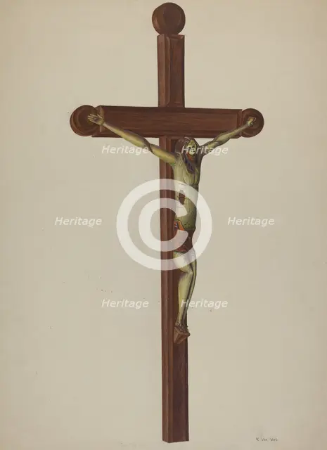 Carved Wooden Crucifix, c. 1939. Creator: Vera Van Voris.