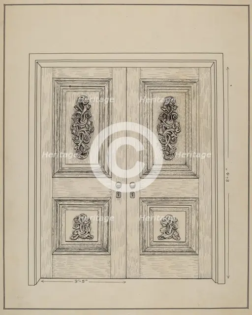 Carved Wooden Door, c. 1936. Creator: Ray Price.