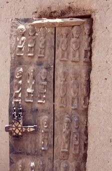 Carved wooden door, Pays Dogon, Mali, 1990. Creator: Amanda Waite