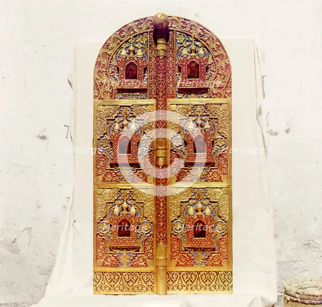 Carved wooden Holy Gates from the seventeenth century in the Rostov museum, Rostov Velikii, 1911. Creator: Sergey Mikhaylovich Prokudin-Gorsky.