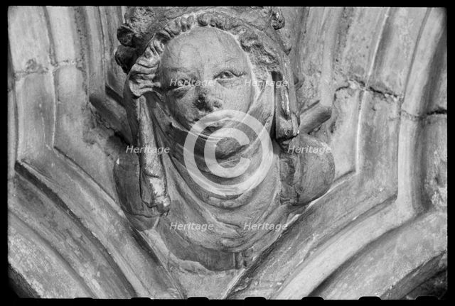 Carved woman's head, Minster Church of St John, Beverley, East Riding of Yorkshire, c1955-c1980. Creator: Ursula Clark.