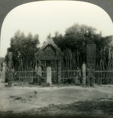 Carvings in a Maori Pah or Village, New Zealand c1930s. Creator: Unknown