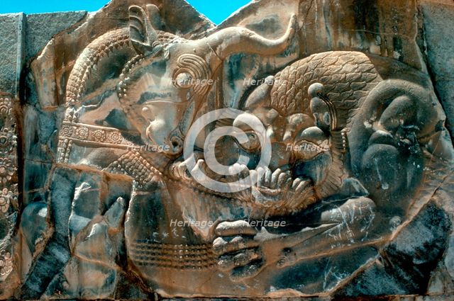 Carving of a bull and lion, Persian, 5th century BC. Artist: Unknown