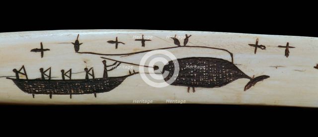 Carving of an Inuit whale-hunt on an ivory snow-knife, 19th century. Artist: Unknown