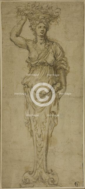 Caryatid (r); Three Sketches: Two Caryatids, Pair of Putti Standing on Globe (v), 17th century. Creator: Unknown.