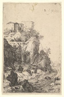 Cascades near Ponte della Trave, with buildings on a rocky outcrop above, from the series ..., 1639. Creator: Bartholomeus Breenbergh