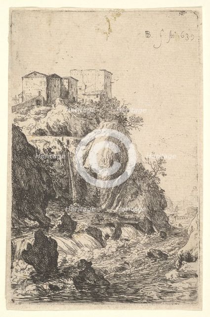 Cascades near Ponte della Trave, with buildings on a rocky outcrop above, from the series ..., 1639. Creator: Bartholomeus Breenbergh.