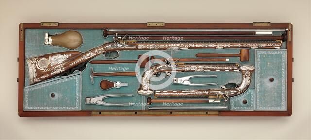 Cased Set of a Flintlock Rifle, a Pair of Pistols, and Accessories, French, Versailles, ca. 1800. Creator: Nicolas Noël Boutet.