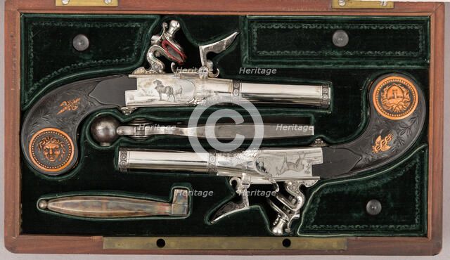 Cased Pair of Double-Barreled Turn-Off Flintlock Pistols, French, Paris, ca. 1800. Creator: John Lepage.