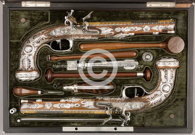 Cased Pair of Flintlock Pistols with Accessories, French, Paris, ca. 1810. Creators: Francois Pirmet, Nicolas Noël Boutet.