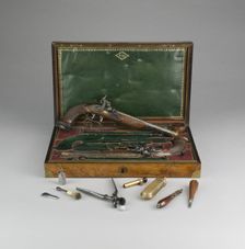 Cased Pair of Percussion Pistols with Accessories, France, 1814. Creator: Jean Le Page