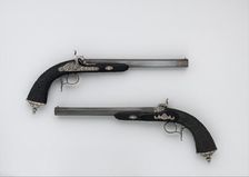 Cased Pair of Percussion Pistols with Accessories, French, Paris, dated 1856. Creator: Louis-Julien Gastinne-Renette