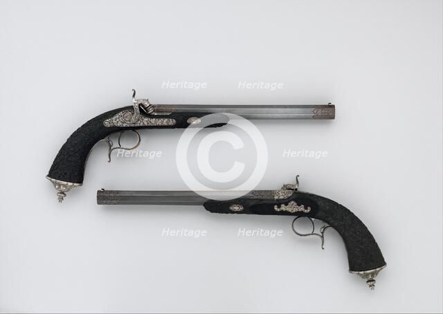 Cased Pair of Percussion Pistols with Accessories, French, Paris, dated 1856. Creator: Louis-Julien Gastinne-Renette.