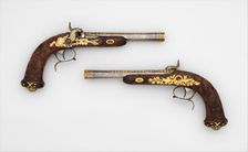 Cased Pair of Percussion Target Pistols with Loading and Cleaning Accessories, French, Paris, 1829. Creator: Jean André Prosper Henri Le Page
