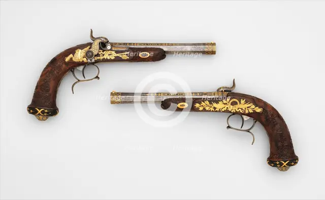Cased Pair of Percussion Target Pistols with Loading and Cleaning Accessories, French, Paris, 1829. Creator: Jean André Prosper Henri Le Page.