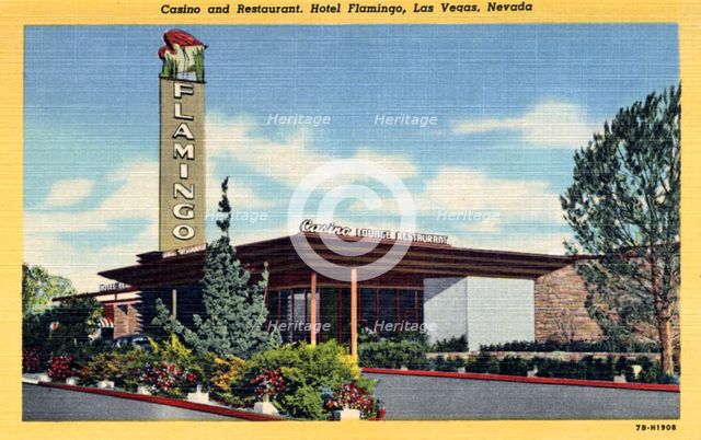 'Casino and Restaurant, Hotel Flamingo, Las Vegas, Nevada', postcard, 1947. Artist: Unknown