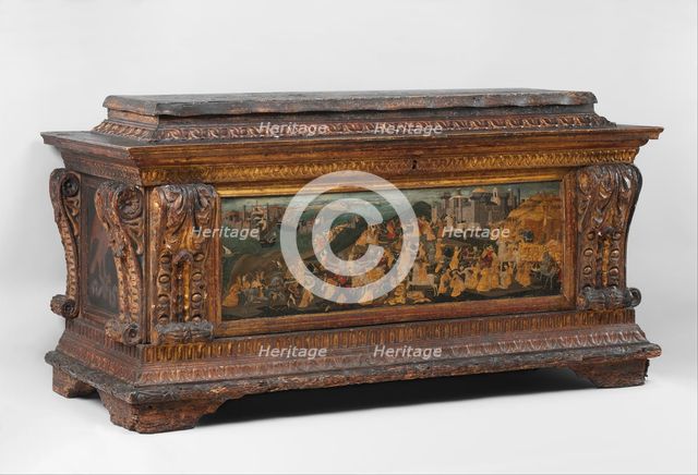 Cassone with painted front panel depicting the Conquest of Trebizond, after ca. 1461. Creator: Apollonio di Giovanni di Tomaso.