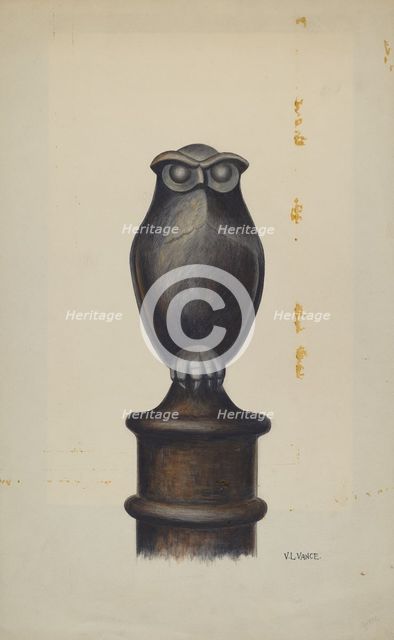 Cast Iron Owl Hitching Post, c. 1937. Creator: V. L. Vance.