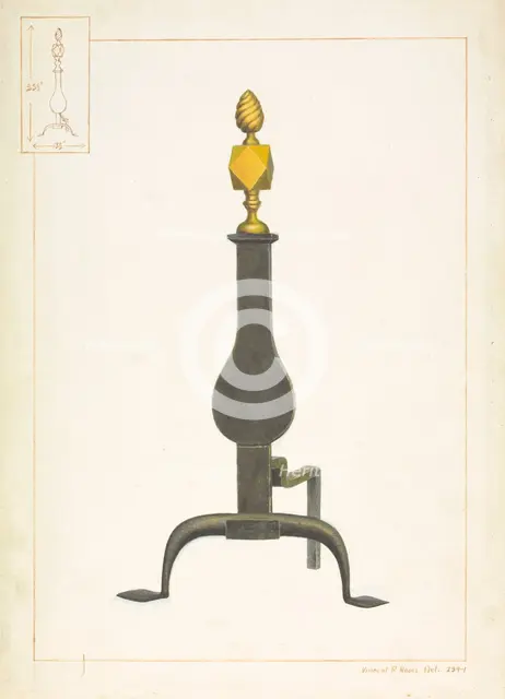 Cast Iron and Brass Andiron, c. 1938. Creator: Vincent P. Rosel.