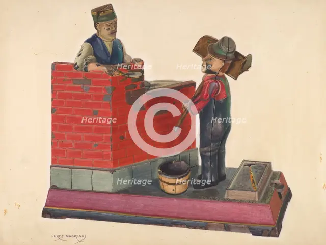 Cast Iron Toy Bank: Masons, c. 1937. Creator: Chris Makrenos.