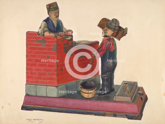 Cast Iron Toy Bank: Masons, c. 1937. Creator: Chris Makrenos.