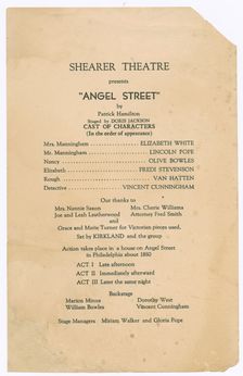 Cast list for the Shearer Players production of Angel Street, 1951. Creator: Unknown