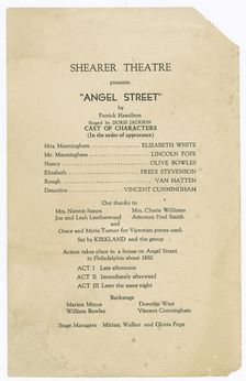 Cast list for the Shearer Players production of Angel Street, 1951. Creator: Unknown