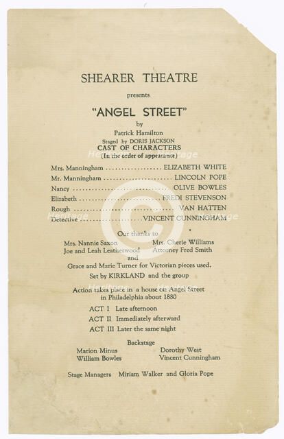 Cast list for the Shearer Players' production of Angel Street, 1951. Creator: Unknown.