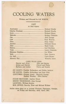 Cast listing for Shearer Summer Theatre's production of Cooling Waters, 1948. Creator: Unknown