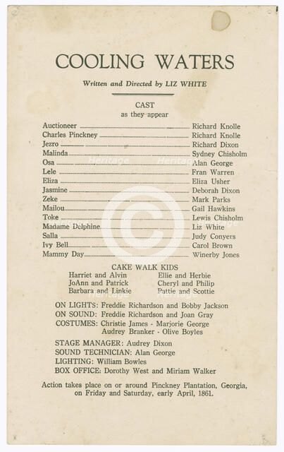 Cast listing for Shearer Summer Theatre's production of Cooling Waters, 1948. Creator: Unknown.