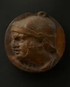 Cast of the head of Roman soldier in helmet with raised right arm. Creator: Unknown