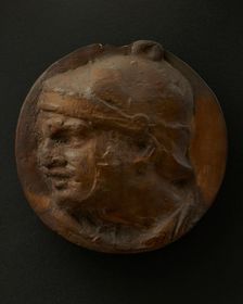 Cast of the head of Roman soldier in helmet with raised right arm. Creator: Unknown