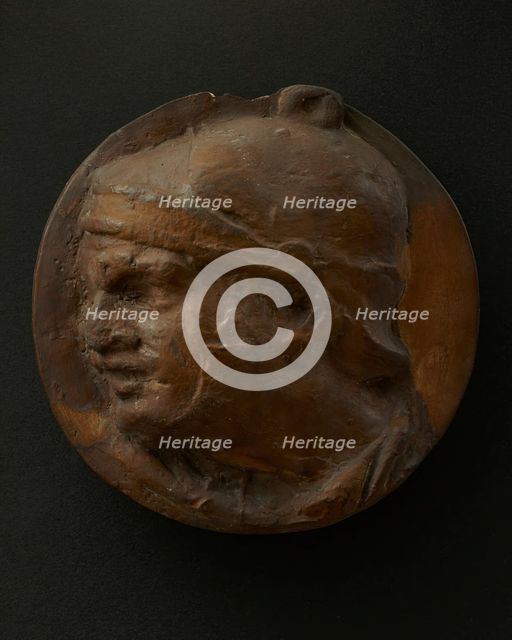 Cast of the head of Roman soldier in helmet with raised right arm. Creator: Unknown.