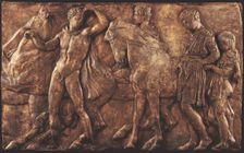 Cast of westernmost slab of riders from North frieze of Parthenon (figures 132-136..., 19th century. Creator: Unknown
