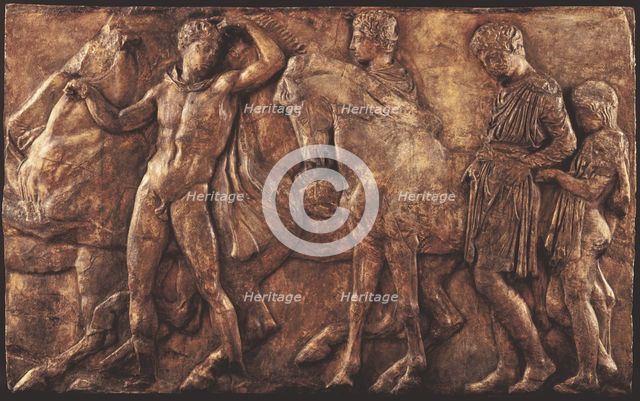 Cast of westernmost slab of riders from North frieze of Parthenon (figures 132-136..., 19th century. Creator: Unknown.