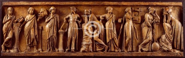 Cast of front panel of Roman sarcophagus of the Muses, late 18th cent Creator: Unknown.